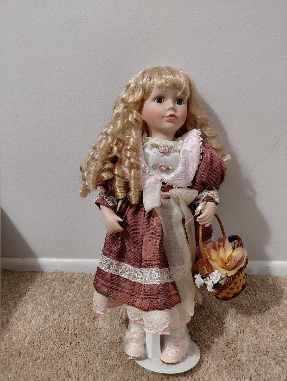 Blonde Curly-Hair Doll in Brown and Pink Vintage-Style Dress